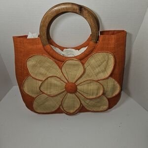 Stylish Orange Floral Tote with Wooden Handles